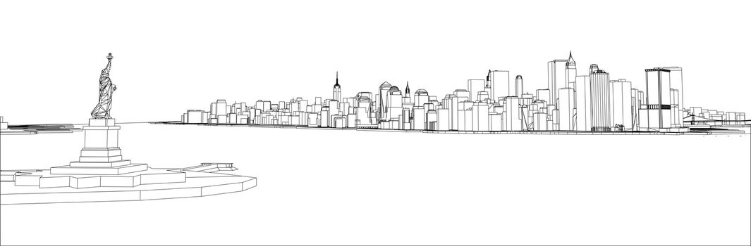 Wire-frame New York City, Blueprint Style. 3D Rendering. Architecture Design Background