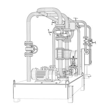 Wire-frame industrial equipment of oil pump. 3D Illustration