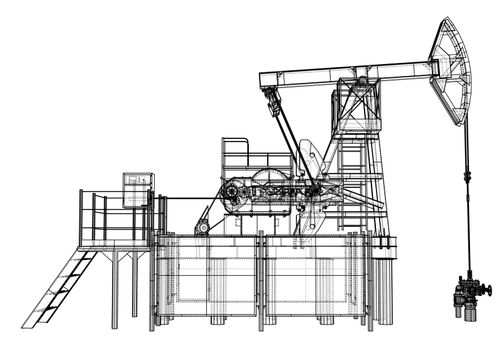 Oil pump jack in wire-frame style. 3d illustration