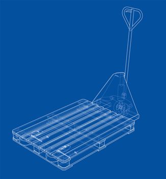 Hand pallet truck with pallet. 3d illustration. Wire-frame style