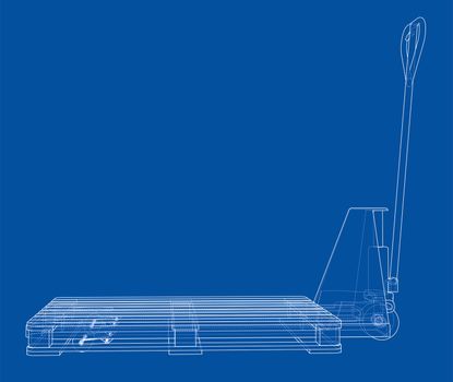 Hand pallet truck with pallet. 3d illustration. Wire-frame style