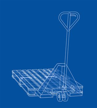 Hand pallet truck with pallet. 3d illustration. Wire-frame style