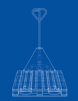 Hand pallet truck with pallet. 3d illustration. Wire-frame style