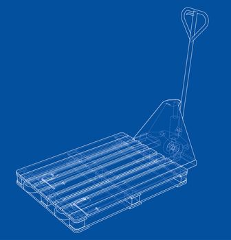 Hand pallet truck with pallet. 3d illustration. Wire-frame style