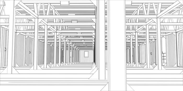 3d illustration of industrial interior. Blueprint style
