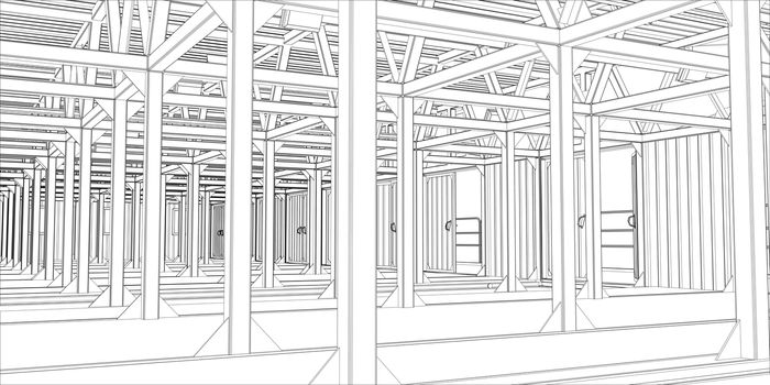 3d illustration of industrial interior. Blueprint style