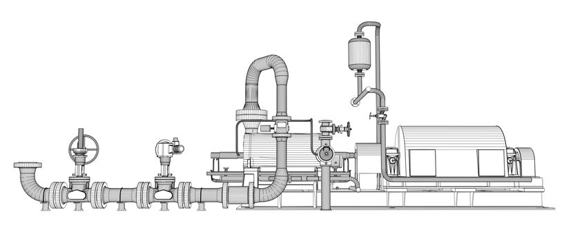 Wire-frame industrial pump. 3D Rendering. Isoalted on white background