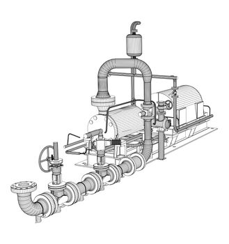 Wire-frame industrial pump. 3D Rendering. Isoalted on white background