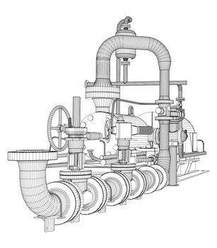 Wire-frame industrial pump. 3D Rendering. Isoalted on white background