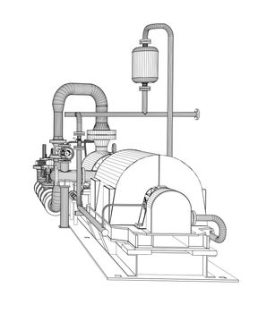 Wire-frame industrial pump. 3D Rendering. Isoalted on white background