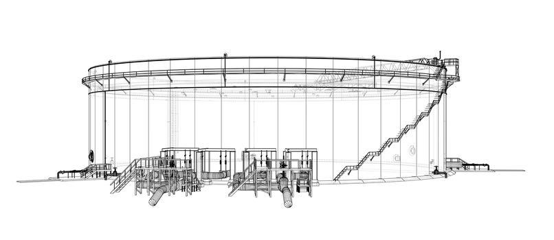 Oil storage tank. 3d illustration. Wire-frame style