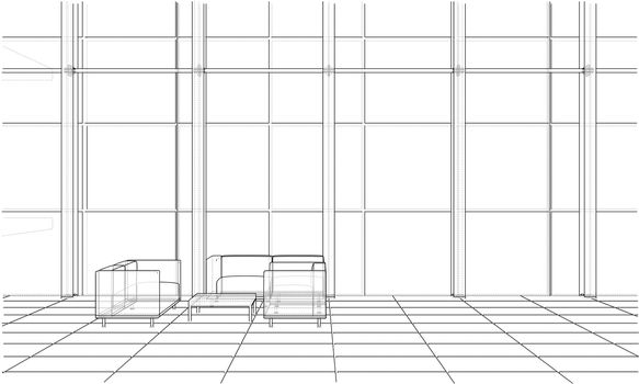 Interior sketch drawing perspective of space office. 3d illustration. Wire-frame style