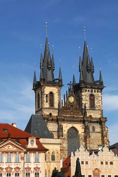 Low angle view of Cathedral of Our Lady before Tyn over clear blue sky, Prague, Czech Republic