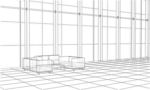 Interior sketch drawing perspective of space office. 3d illustration. Wire-frame style