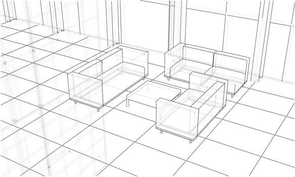 Interior sketch drawing perspective of space office. 3d illustration. Wire-frame style