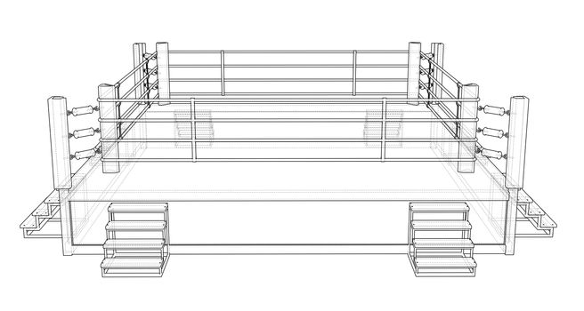 Boxing ring on white background. 3d illustration. Wire-frame style