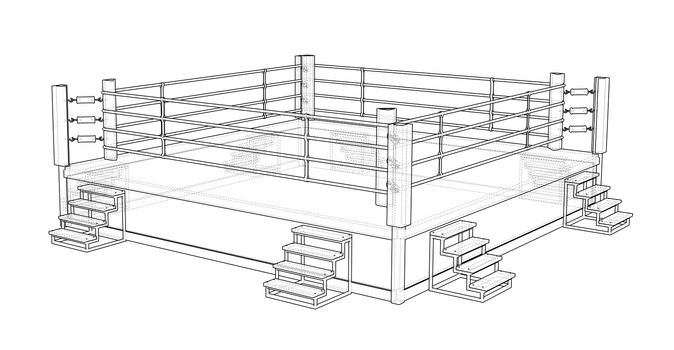 Boxing ring on white background. 3d illustration. Wire-frame style