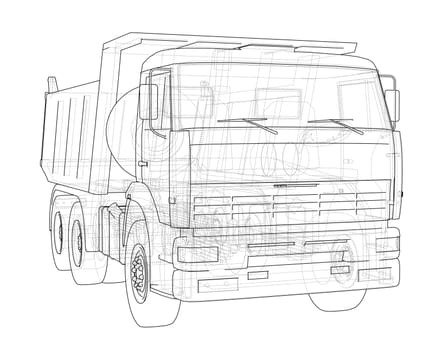 Dump truck. 3d illustration. Wire-frame style. White background