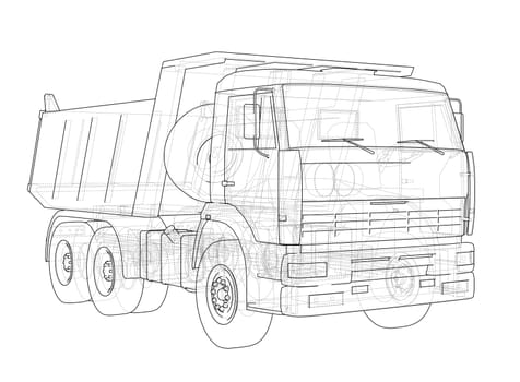 Dump truck. 3d illustration. Wire-frame style. White background