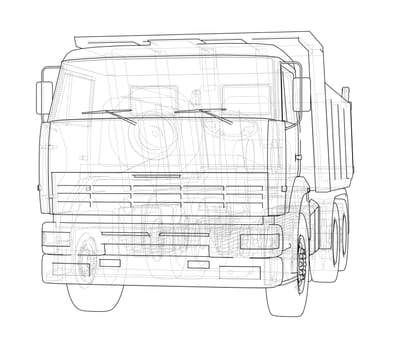 Dump truck. 3d illustration. Wire-frame style. White background