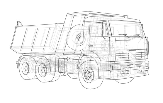 Dump truck. 3d illustration. Wire-frame style. White background