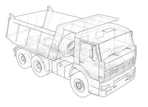 Dump truck. 3d illustration. Wire-frame style. White background