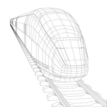 Abstract polygonal high-speed passenger train. Traveling concept. 3d illustration. Wire-frame style