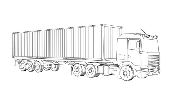 Logistic by Container truck. 3d illustration. Wire-frame style