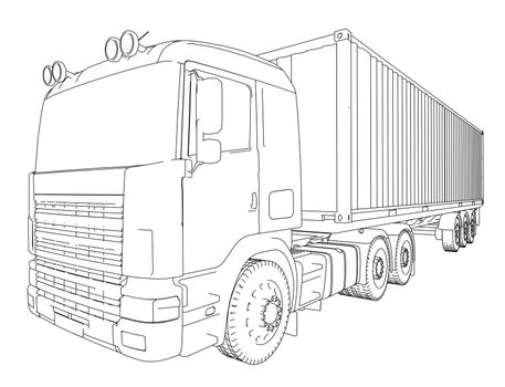 Logistic by Container truck. 3d illustration. Wire-frame style