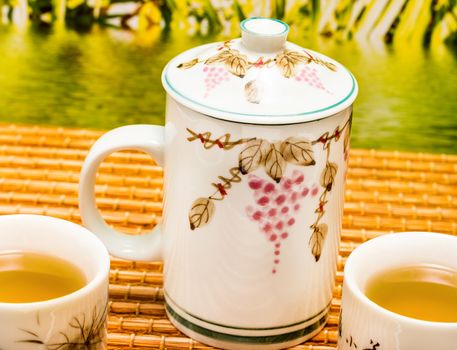 Tea On Patio Showing Break Time And Teacup