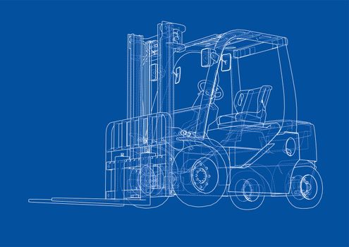 Forklift concept. 3d illustration. Wire-frame style. Blue background