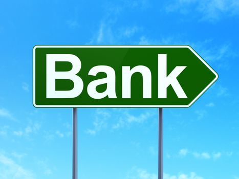 Currency concept: Bank on green road highway sign, clear blue sky background, 3D rendering