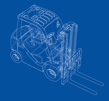 Forklift concept. 3d illustration. Wire-frame style. Blue background