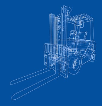 Forklift concept. 3d illustration. Wire-frame style. Blue background