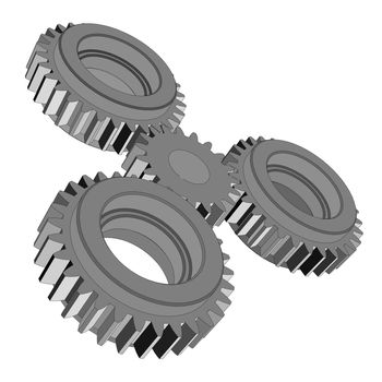 3d illustration of three metal gears. White background