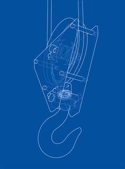 Crane hook with rope. 3d illustration. Wire-frame style