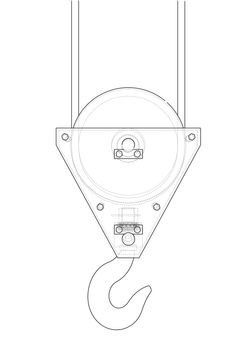 Crane hook with rope. 3d illustration. Wire-frame style