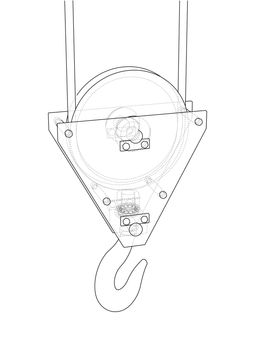 Crane hook with rope. 3d illustration. Wire-frame style