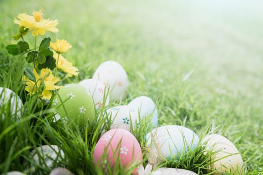 Happy easter!  Closeup Colorful Easter eggs in nest on green grass field during sunset background.