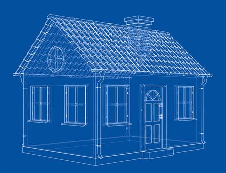 A small house with shingles roof. 3d illustration. Wire-frame style