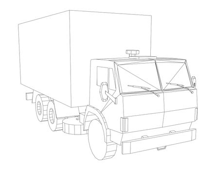 Truck with cargo container. Transportation concept. 3d illustration. Wire-frame style