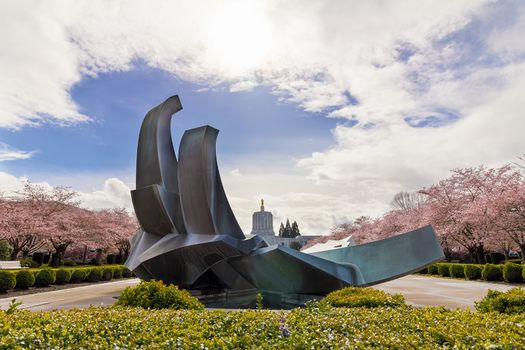 Oregon State Capitol Park in Salem Oregon with Cherry Blossom Trees blooming during Spring Season