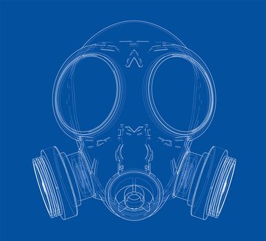 Gas mask on blue background. 3d illustration. Wire-frame style