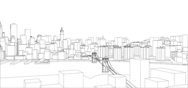 Wire-frame New York City, Blueprint Style. 3d illustration. Architecture Design Background