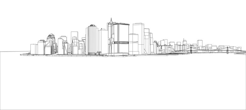 Wire-frame New York City, Blueprint Style. 3d illustration. Architecture Design Background