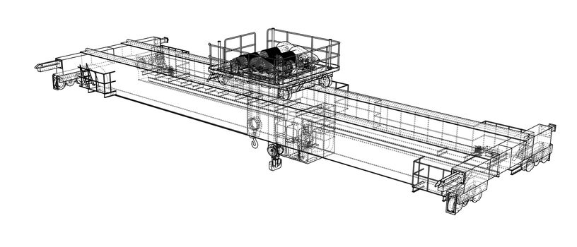 Overhead crane sketch. 3d illustration. Wire-frame style