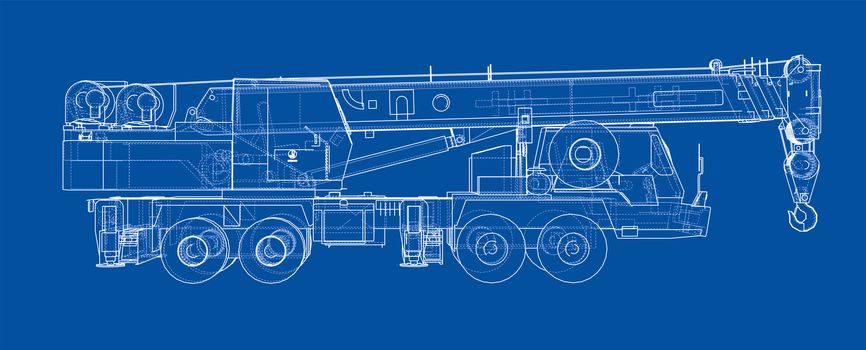 Mobile crane blueprint. 3d illustration. Wire-frame style