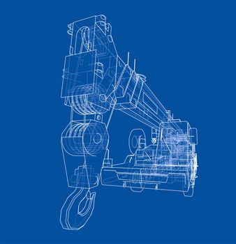 Mobile crane blueprint. 3d illustration. Wire-frame style