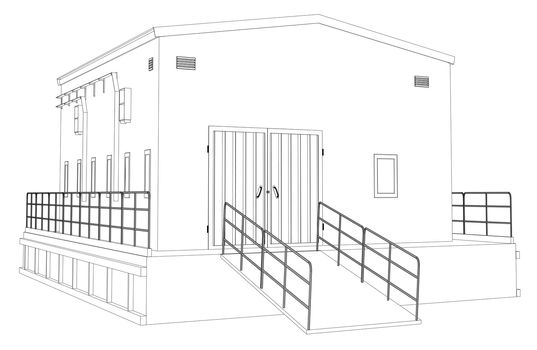 Wire-frame industrial building on the white background. 3d illustration. Wire-frame style