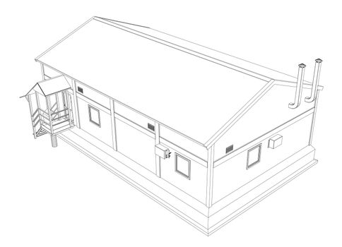 Wire-frame industrial building on the white background. 3d illustration. Wire-frame style